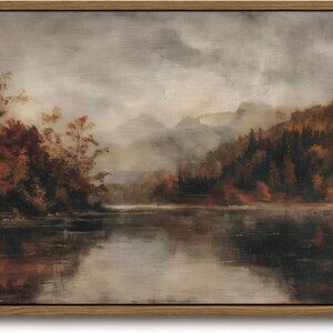 Vintage Autumn Lake Landscape Canvas Wall Art Fall Moody Farmhouse Rustic Countr